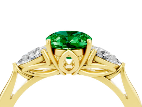 Yellow gold Oval Cut Emerald Three-Stone Ring with Pear Side Stones and Four-Prong Setting_16