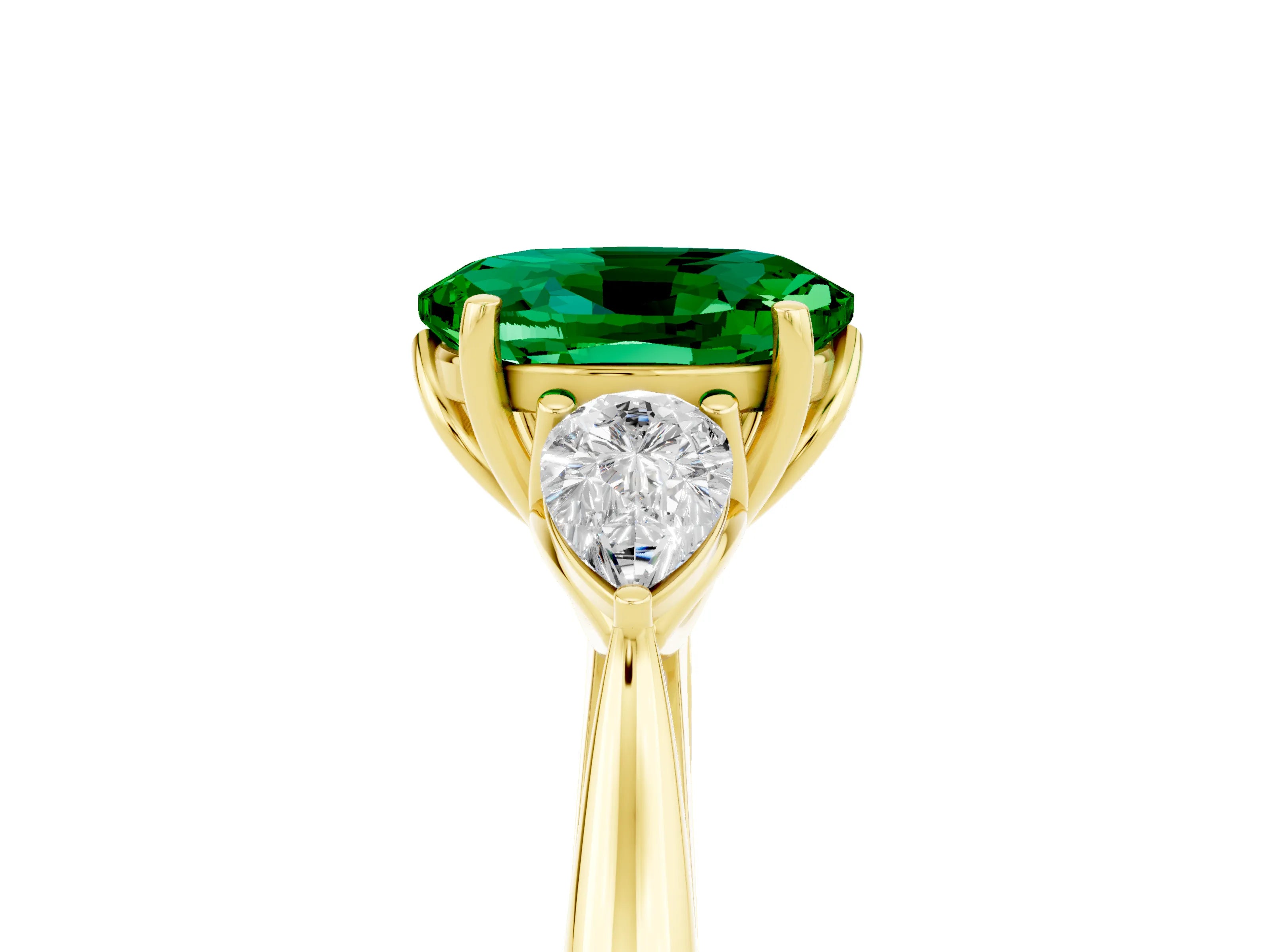 Yellow gold Oval Cut Emerald Three-Stone Ring with Pear Side Stones and Four-Prong Setting_17