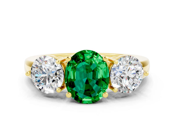 Yellow gold Oval Cut Emerald Three-Stone Ring with Prong Setting and Classic Band