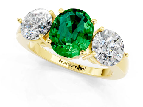 Yellow gold Oval Cut Emerald Three-Stone Ring with Prong Setting and Classic Band_1