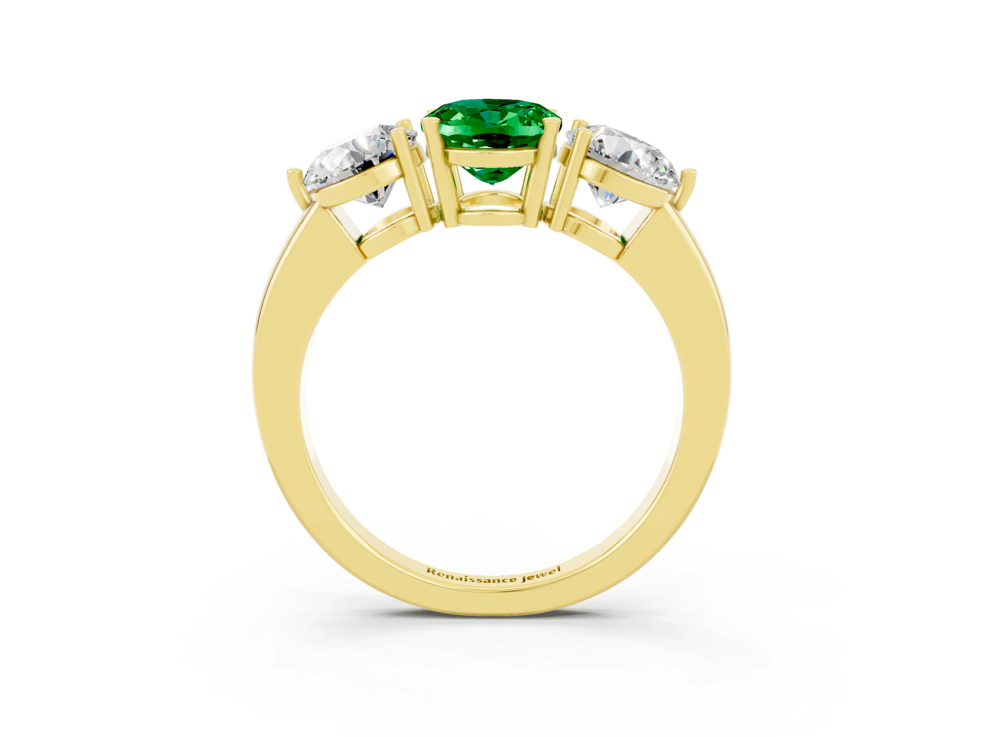 Yellow gold Oval Cut Emerald Three-Stone Ring with Prong Setting and Classic Band_3