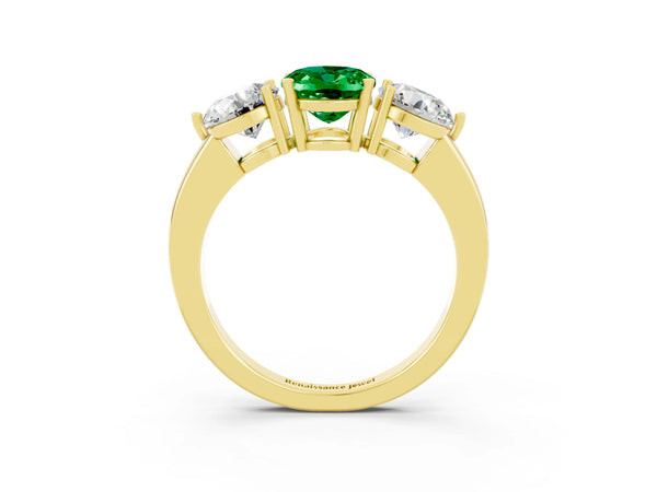 Yellow gold Oval Cut Emerald Three-Stone Ring with Prong Setting and Classic Band