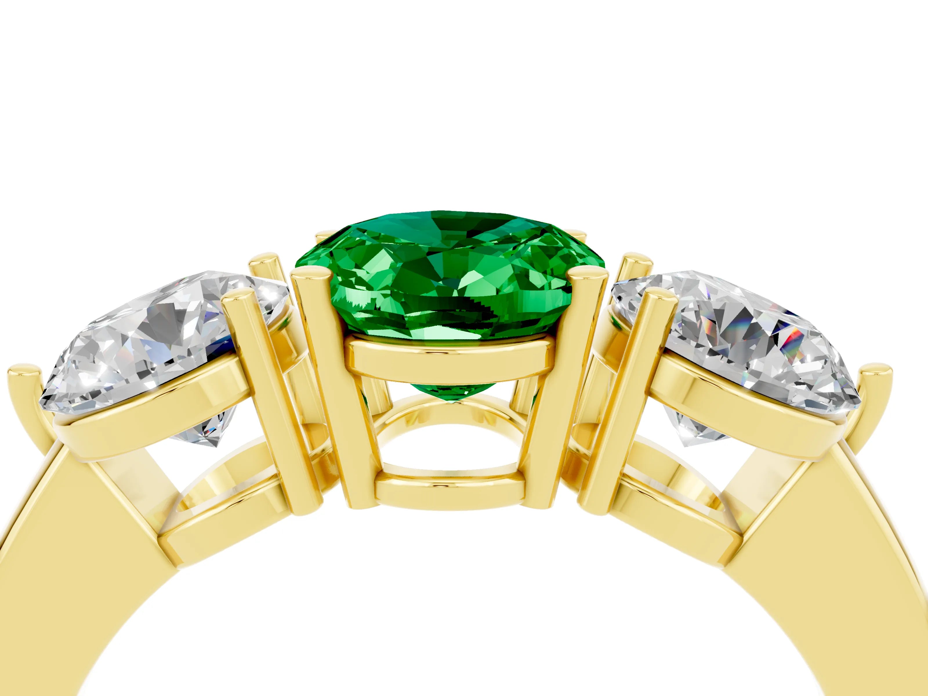 Yellow gold Oval Cut Emerald Three-Stone Ring with Prong Setting and Classic Band_4
