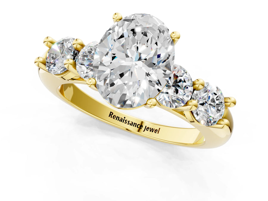 Yellow gold Oval Cut Five-Stone Prong Set Diamond Ring with Classic Band
