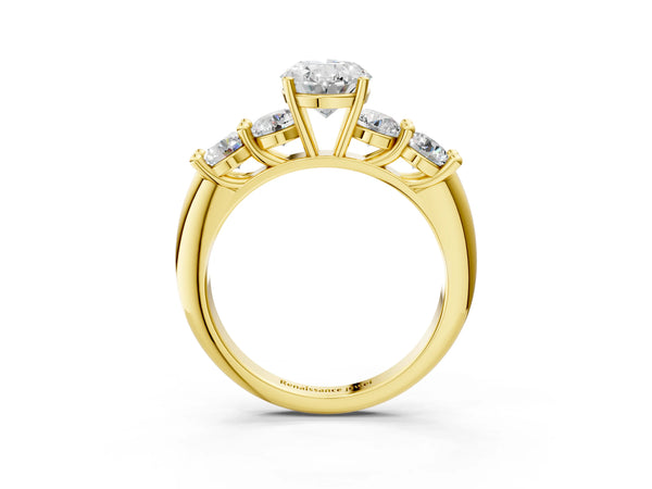 Yellow gold Oval Cut Five-Stone Prong Set Diamond Ring with Classic Band