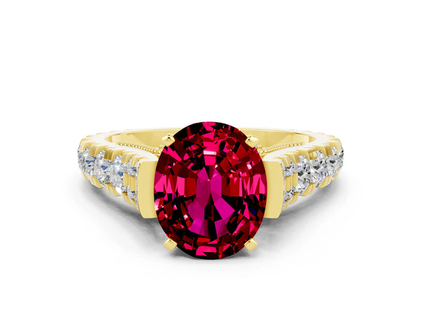 Yellow gold Oval Cut Garnet Classic Solitaire Ring with Pavé Band and Four-Prong Setting