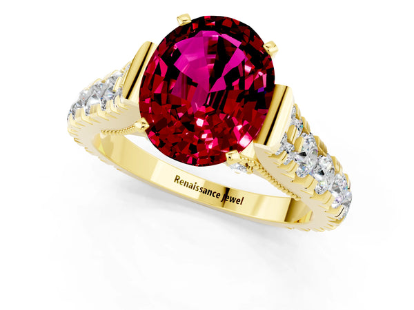 Yellow gold Oval Cut Garnet Classic Solitaire Ring with Pavé Band and Four-Prong Setting