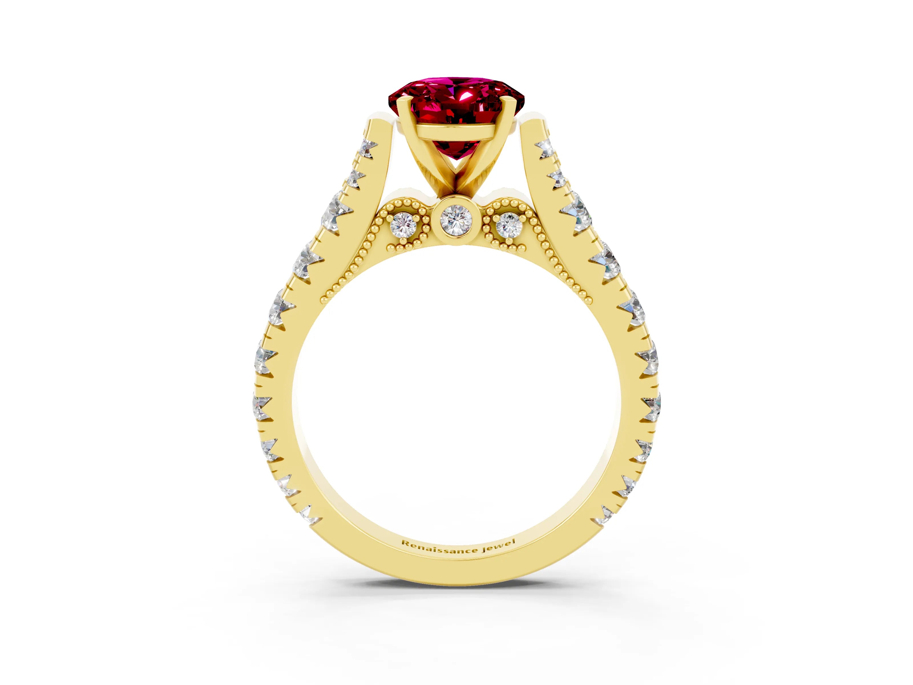 Yellow gold Oval Cut Garnet Classic Solitaire Ring with Pavé Band and Four-Prong Setting_3