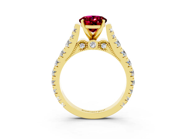 Yellow gold Oval Cut Garnet Classic Solitaire Ring with Pavé Band and Four-Prong Setting