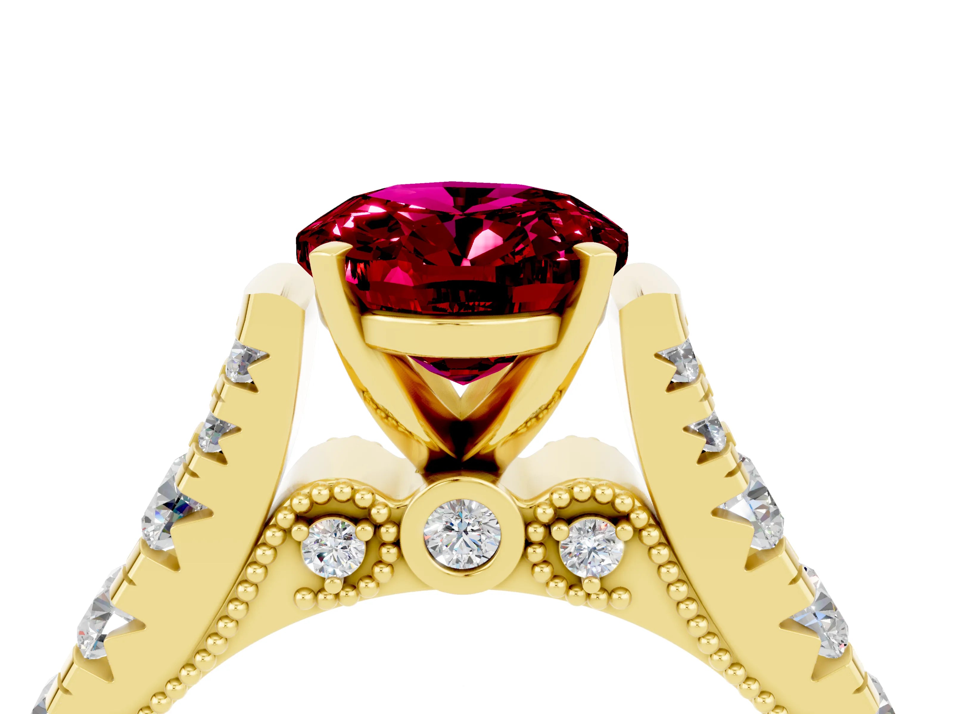 Yellow gold Oval Cut Garnet Classic Solitaire Ring with Pavé Band and Four-Prong Setting_4