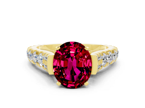 Yellow gold Oval Cut Garnet Classic Solitaire Ring with Pavé Band and Four-Prong Setting
