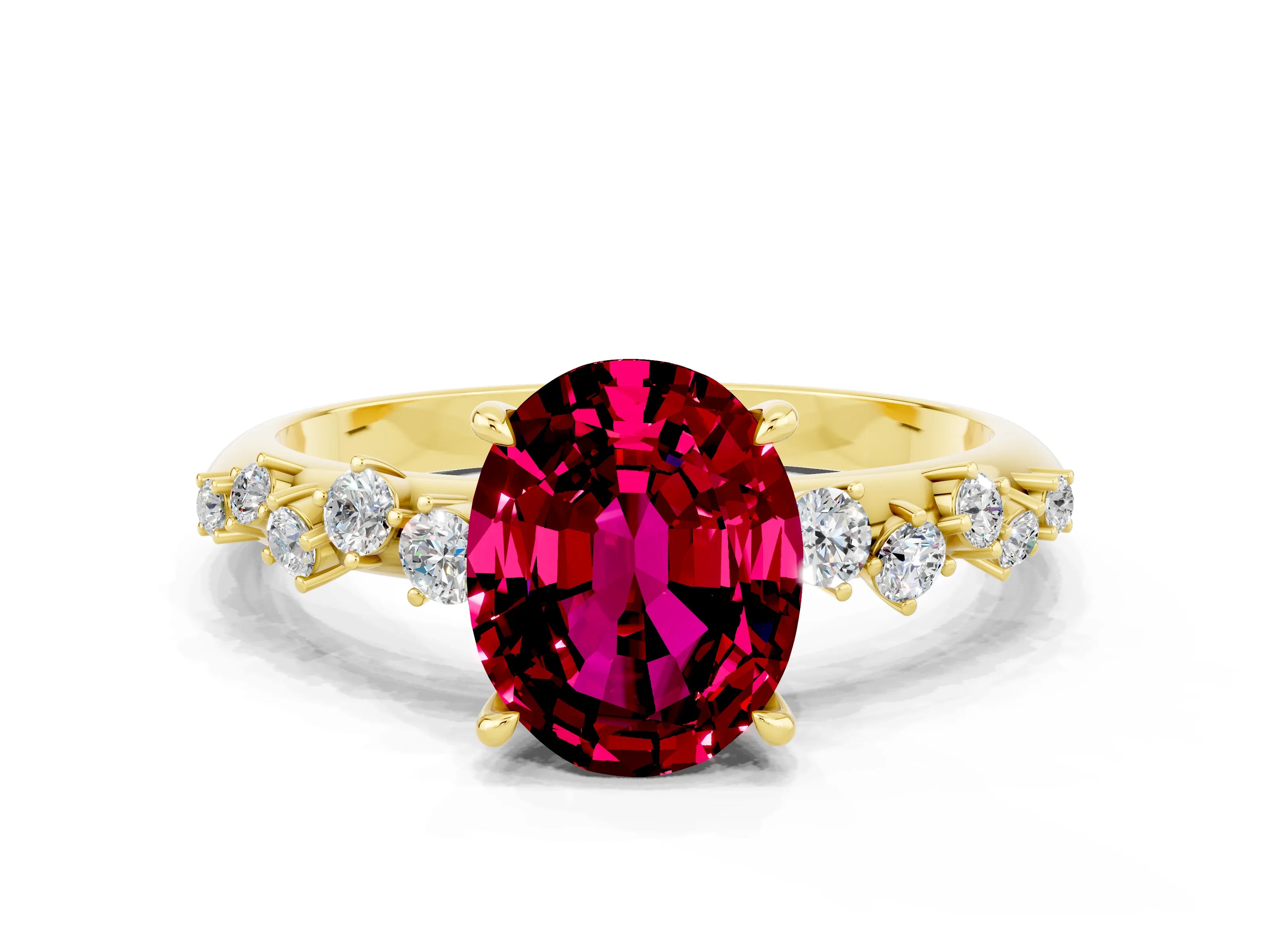 Yellow gold Oval Cut Garnet Cluster Side Stone Solitaire Ring with Prong Setting_24