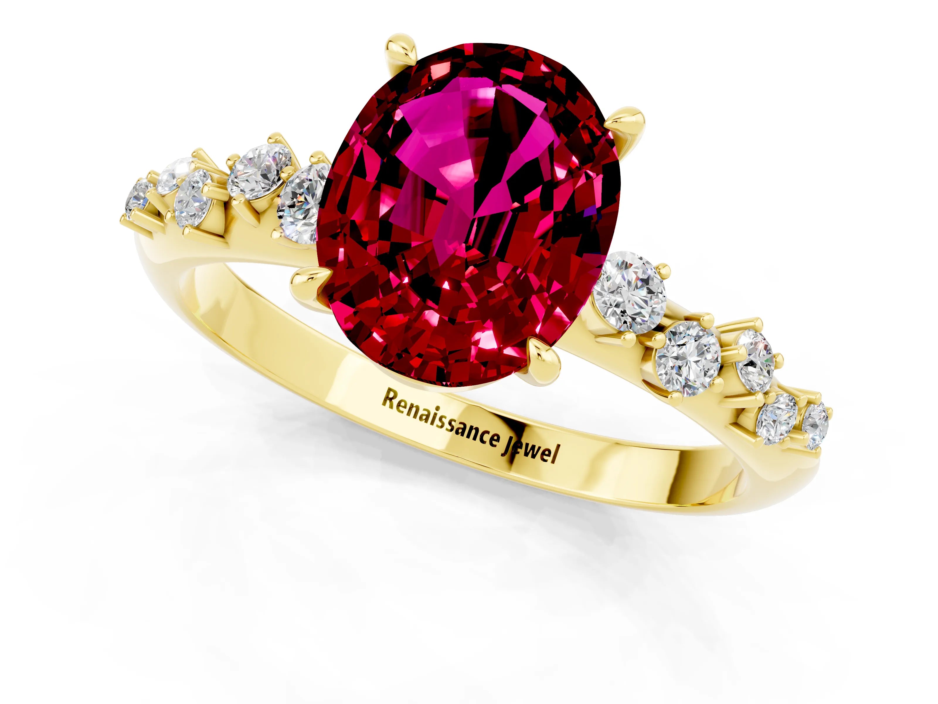 Yellow gold Oval Cut Garnet Cluster Side Stone Solitaire Ring with Prong Setting_25