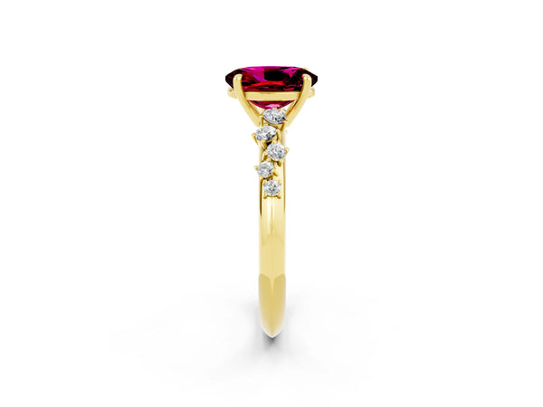 Yellow gold Oval Cut Garnet Cluster Side Stone Solitaire Ring with Prong Setting