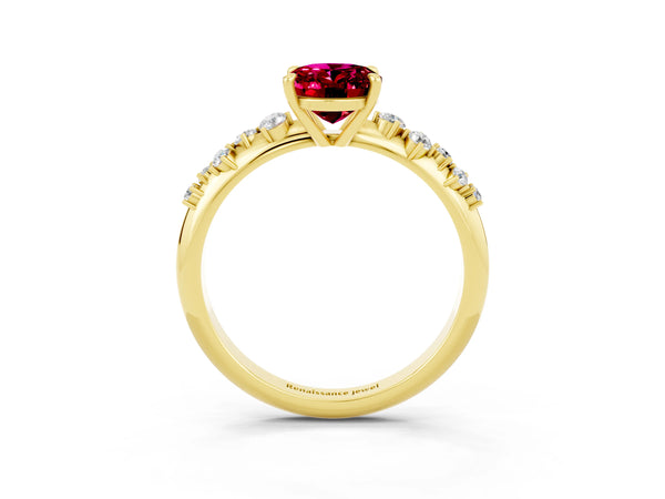 Yellow gold Oval Cut Garnet Cluster Side Stone Solitaire Ring with Prong Setting