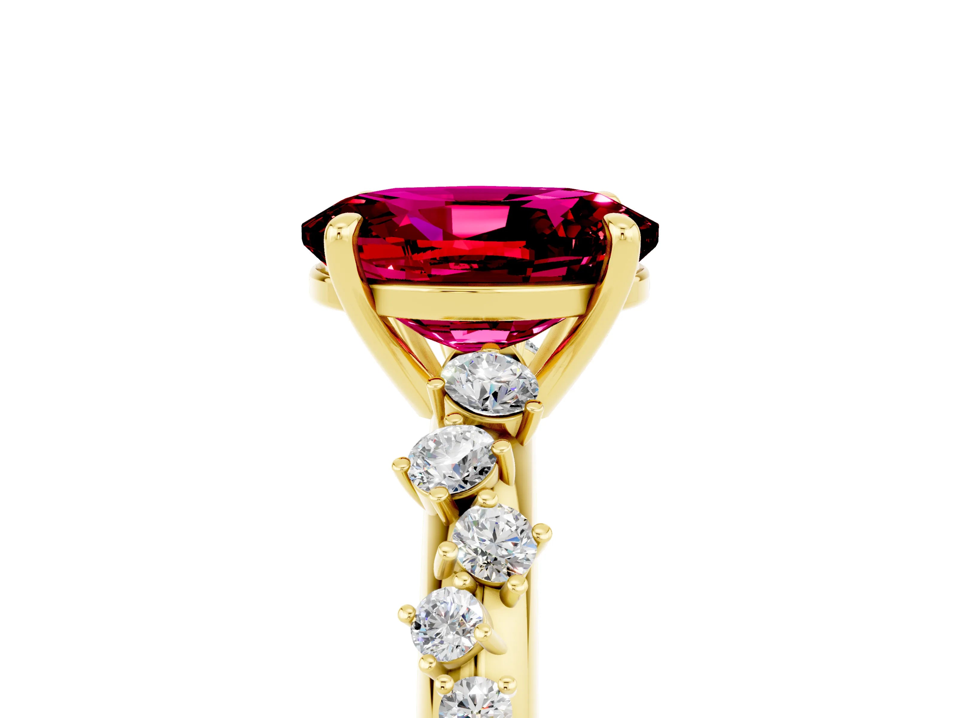 Yellow gold Oval Cut Garnet Cluster Side Stone Solitaire Ring with Prong Setting_29
