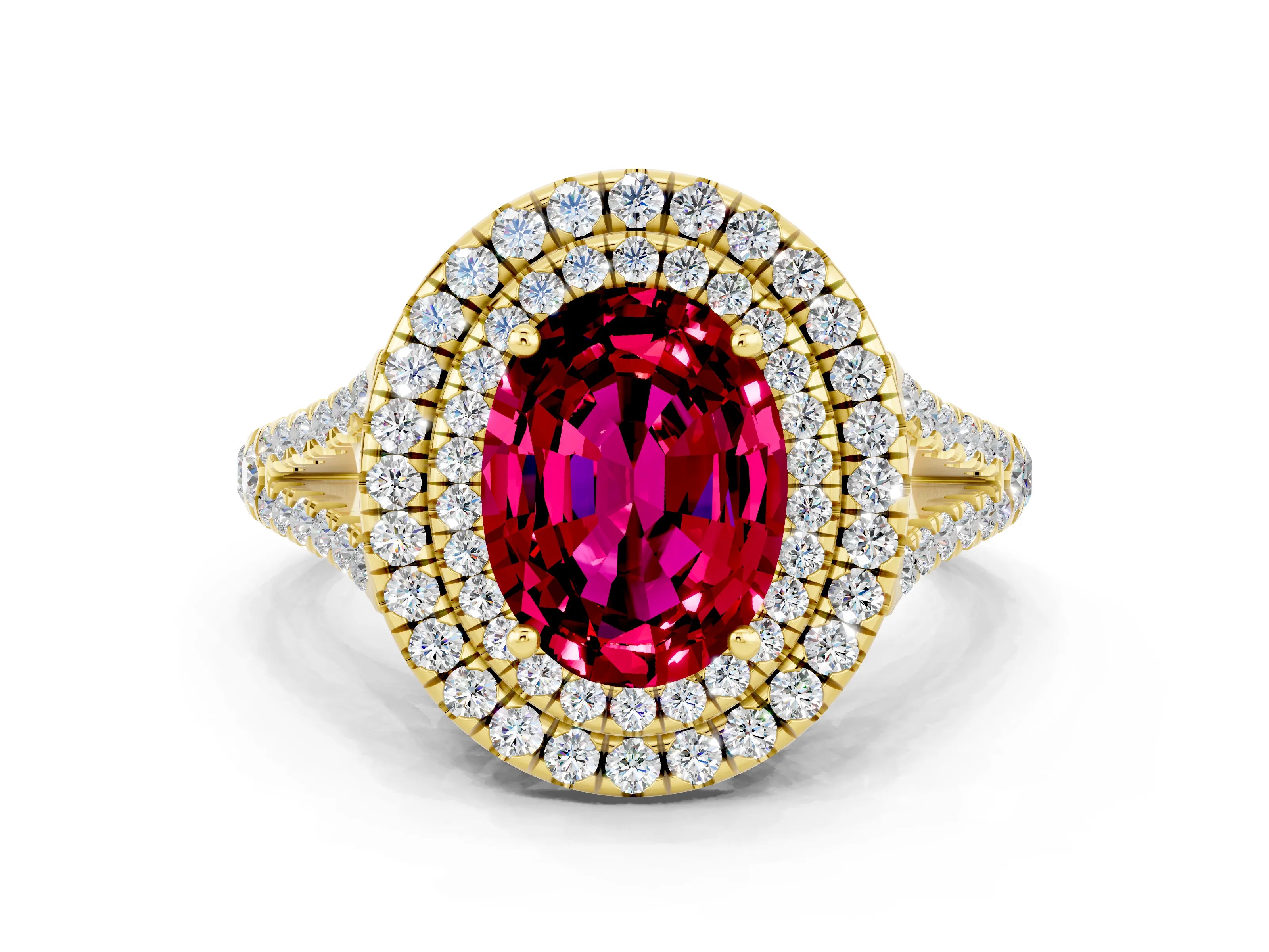 Yellow gold Oval Cut Garnet Double Halo Ring with Pavé Band and Prong Setting_12