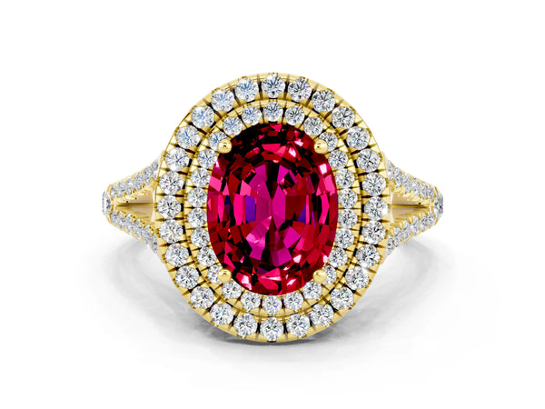 Yellow gold Oval Cut Garnet Double Halo Ring with Pavé Band and Prong Setting