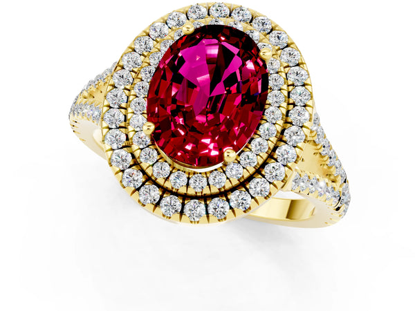 Yellow gold Oval Cut Garnet Double Halo Ring with Pavé Band and Prong Setting