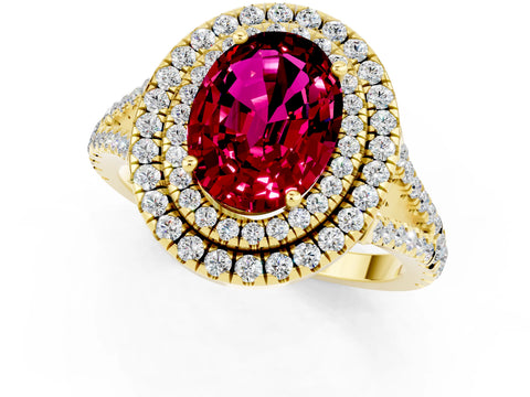 Yellow gold Oval Cut Garnet Double Halo Ring with Pavé Band and Prong Setting_13