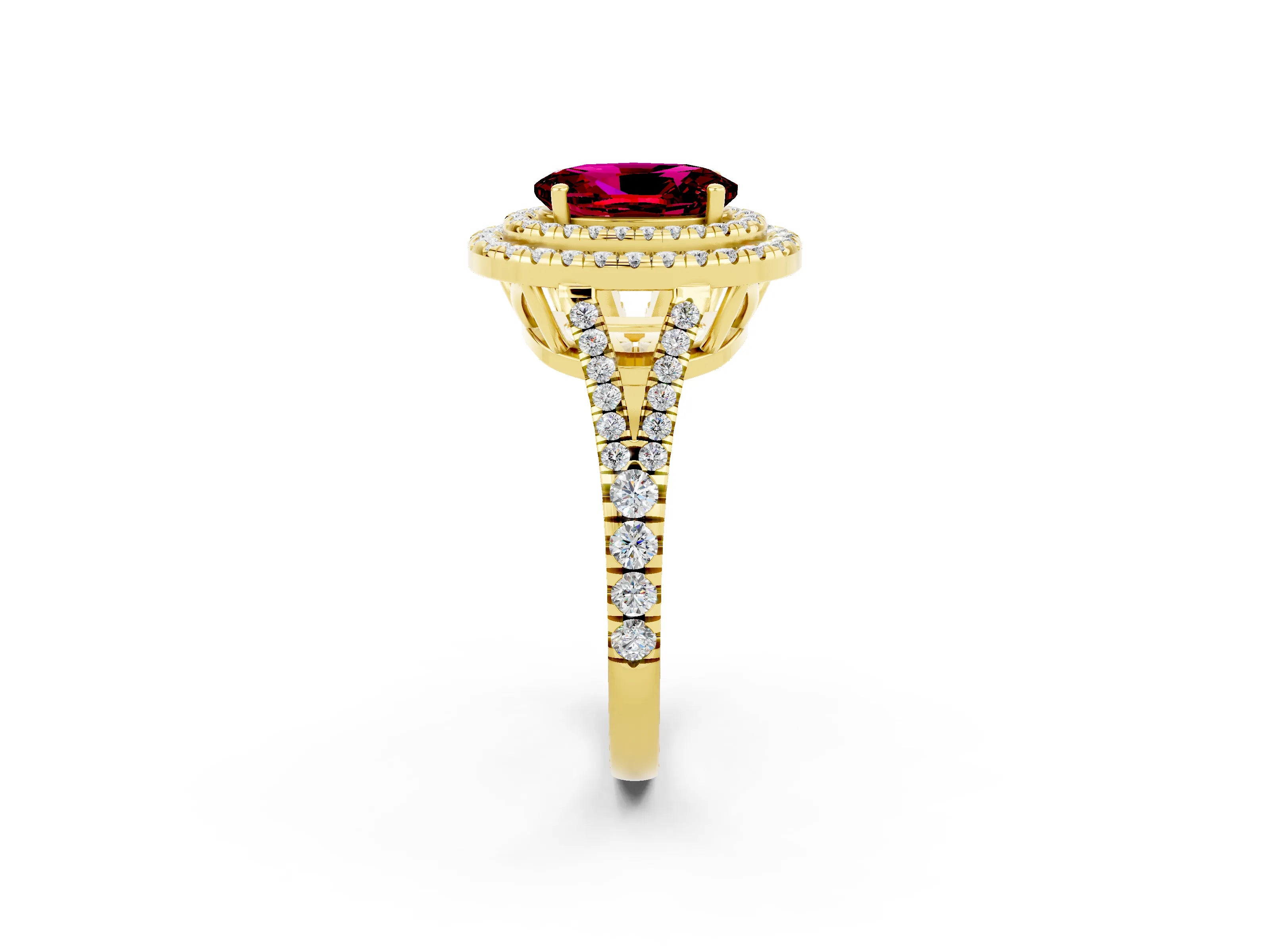 Yellow gold Oval Cut Garnet Double Halo Ring with Pavé Band and Prong Setting_14