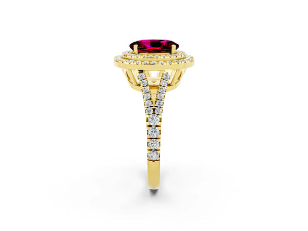 Yellow gold Oval Cut Garnet Double Halo Ring with Pavé Band and Prong Setting