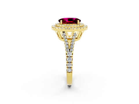 Yellow gold Oval Cut Garnet Double Halo Ring with Pavé Band and Prong Setting_14