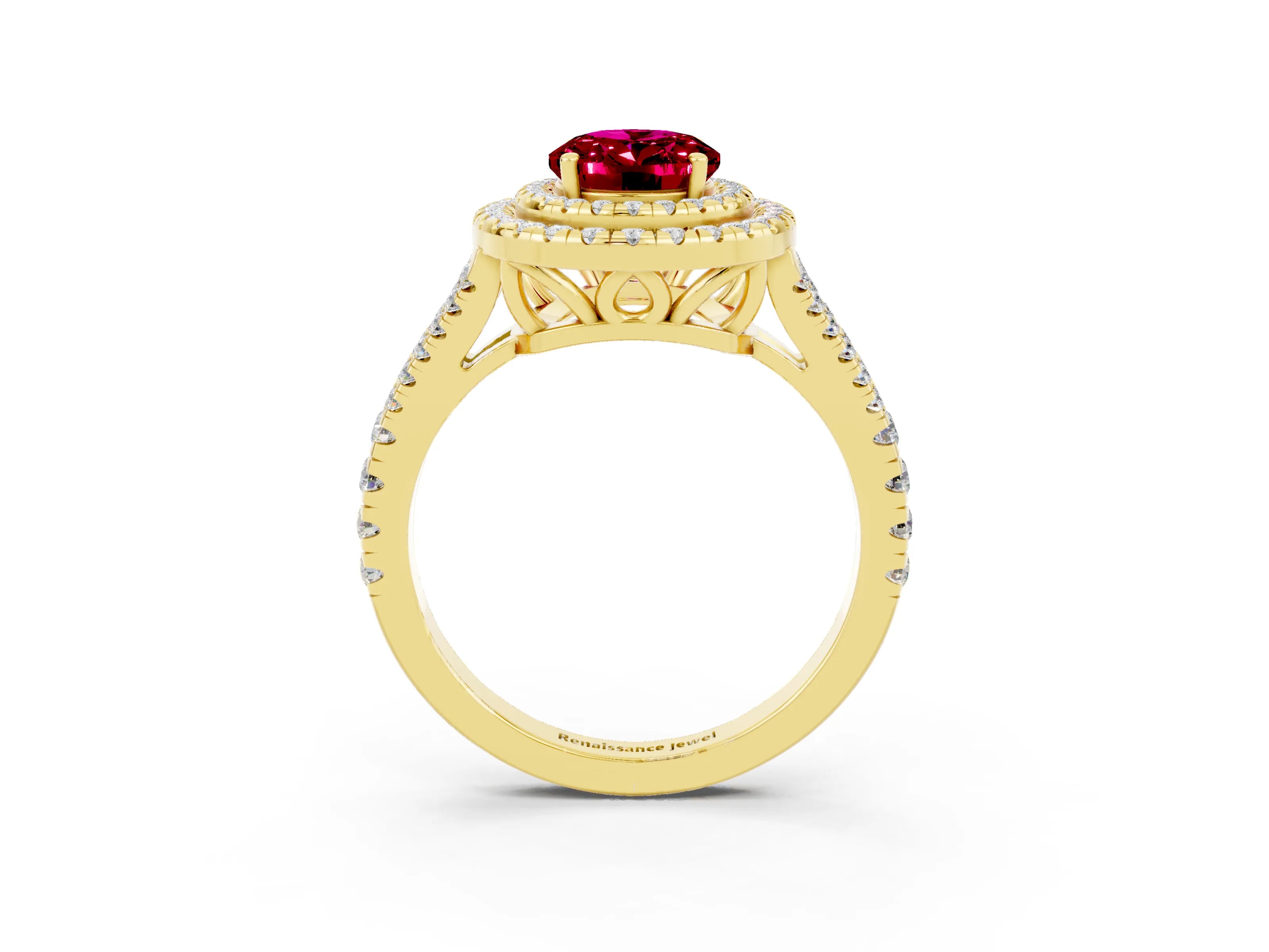 Yellow gold Oval Cut Garnet Double Halo Ring with Pavé Band and Prong Setting_15