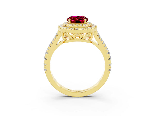 Yellow gold Oval Cut Garnet Double Halo Ring with Pavé Band and Prong Setting