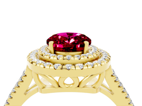 Yellow gold Oval Cut Garnet Double Halo Ring with Pavé Band and Prong Setting_16