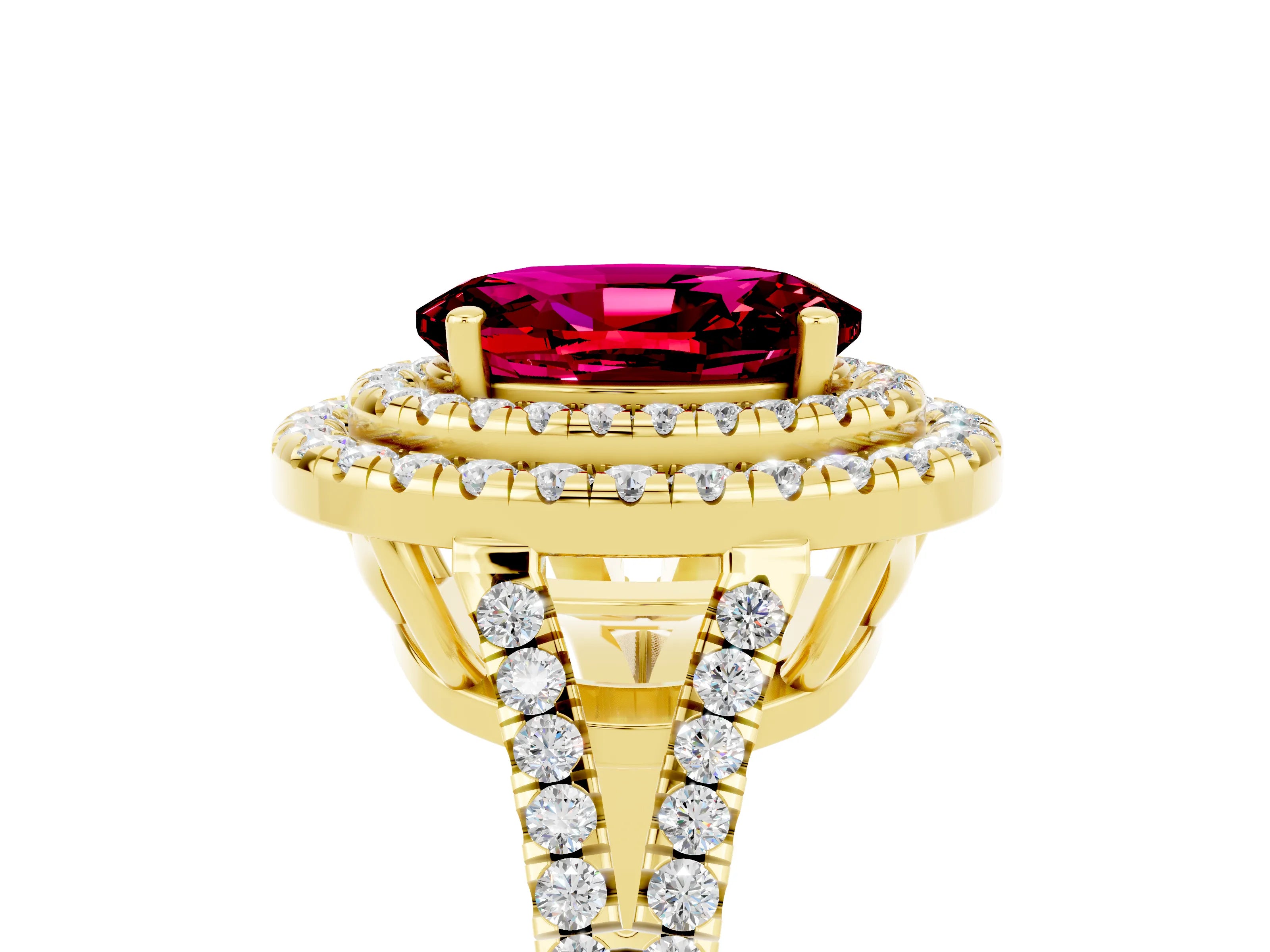 Yellow gold Oval Cut Garnet Double Halo Ring with Pavé Band and Prong Setting_17