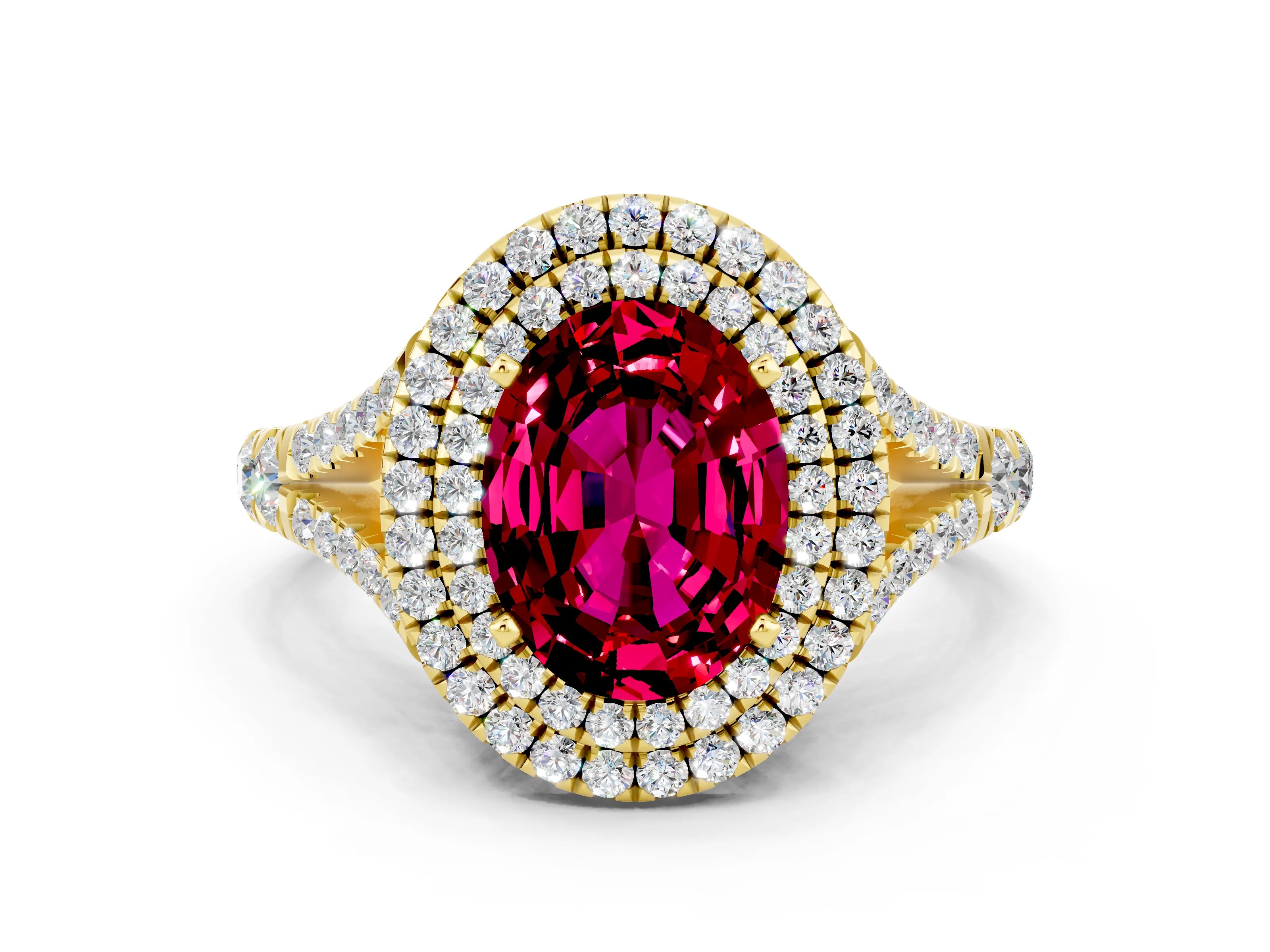 Yellow gold Oval Cut Garnet Double Halo Ring with Split Shank and Prong Setting_12