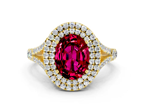 Yellow gold Oval Cut Garnet Double Halo Ring with Split Shank and Prong Setting_12