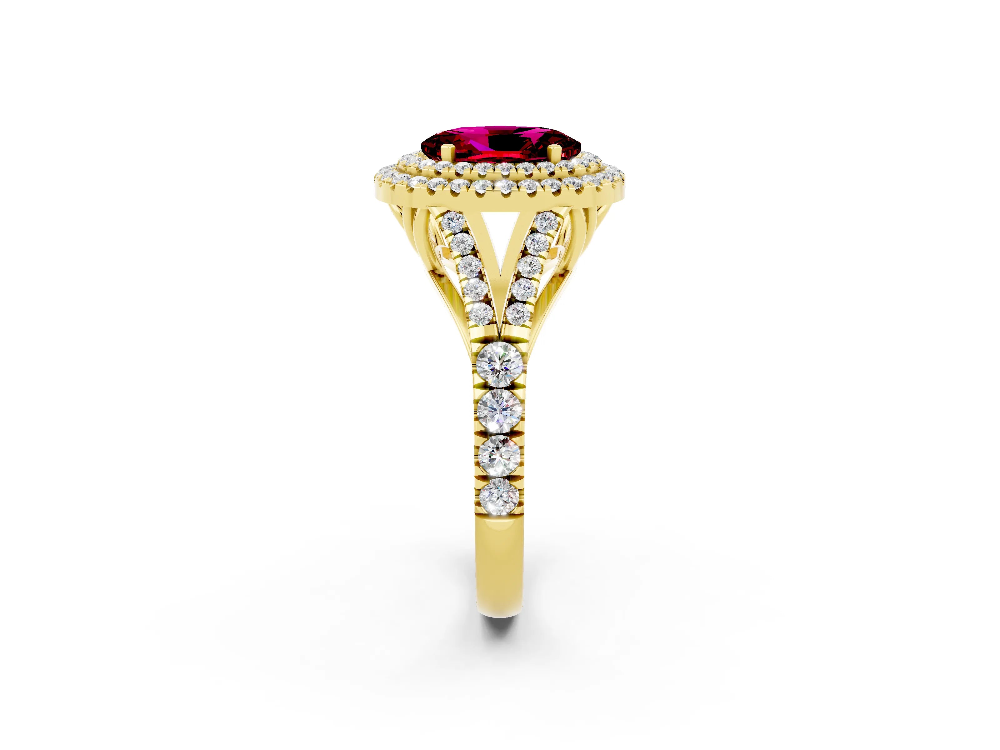 Yellow gold Oval Cut Garnet Double Halo Ring with Split Shank and Prong Setting_14