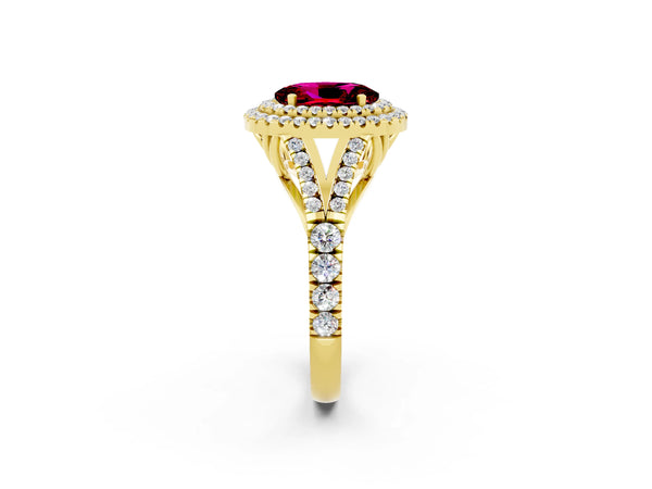 Yellow gold Oval Cut Garnet Double Halo Ring with Split Shank and Prong Setting