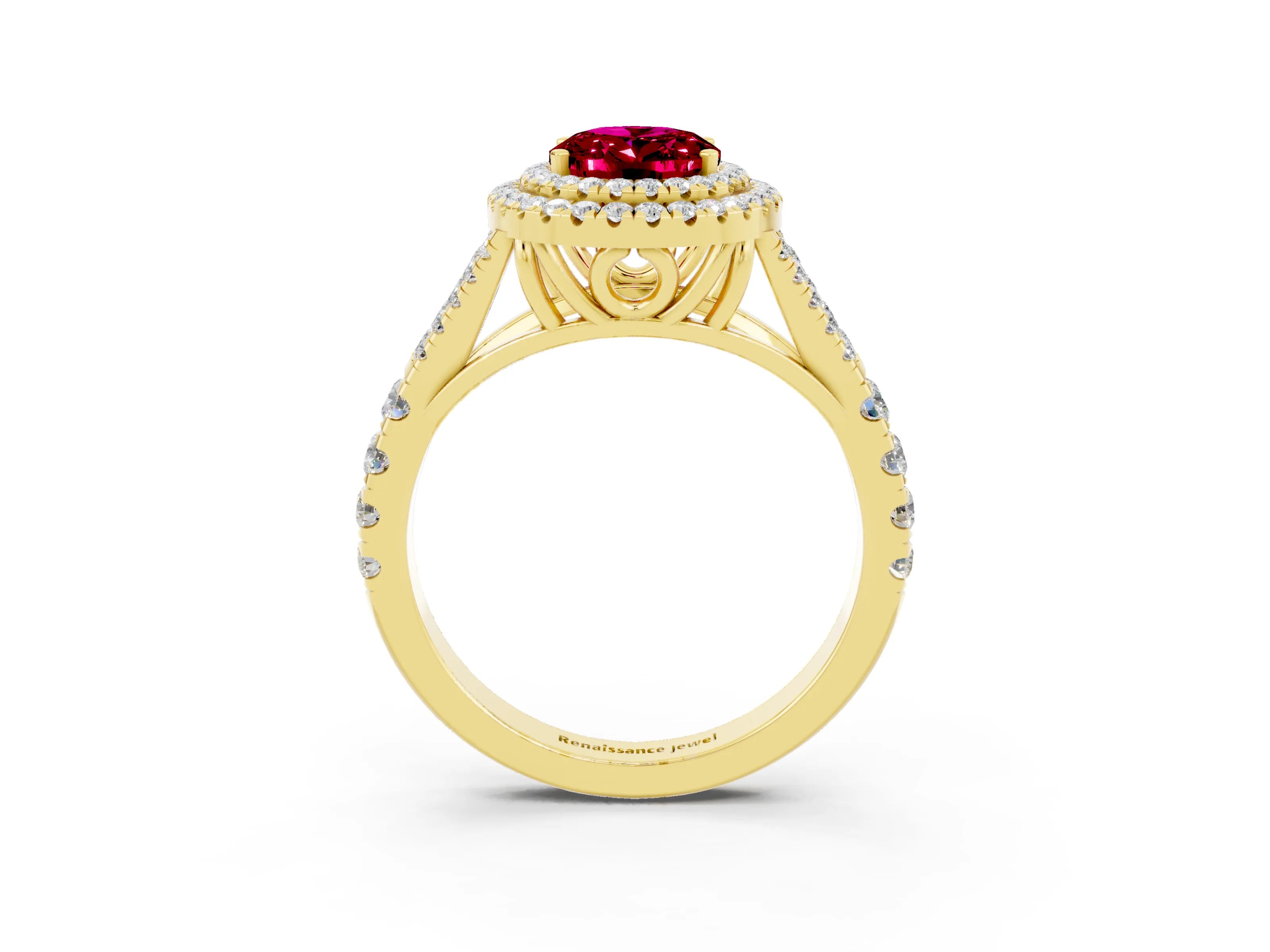 Yellow gold Oval Cut Garnet Double Halo Ring with Split Shank and Prong Setting_15