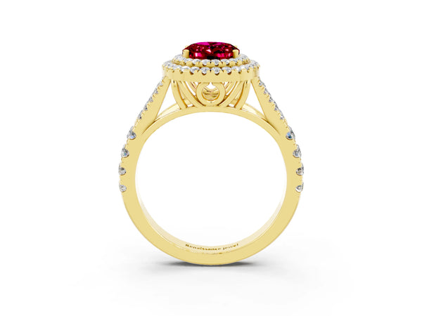 Yellow gold Oval Cut Garnet Double Halo Ring with Split Shank and Prong Setting