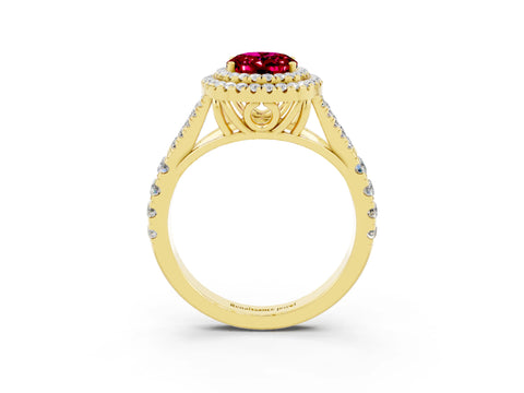 Yellow gold Oval Cut Garnet Double Halo Ring with Split Shank and Prong Setting_15