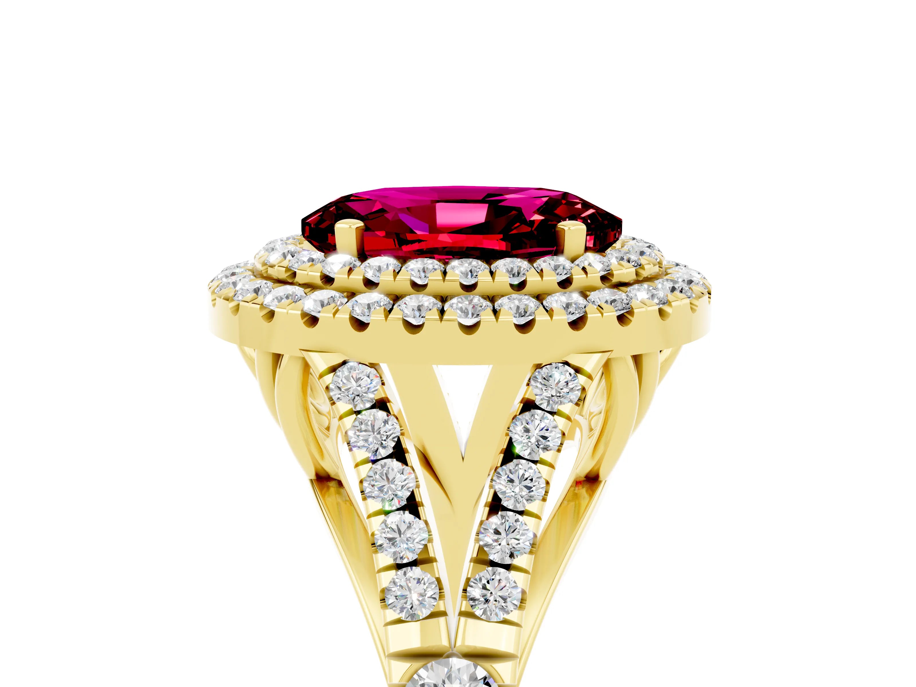 Yellow gold Oval Cut Garnet Double Halo Ring with Split Shank and Prong Setting_17
