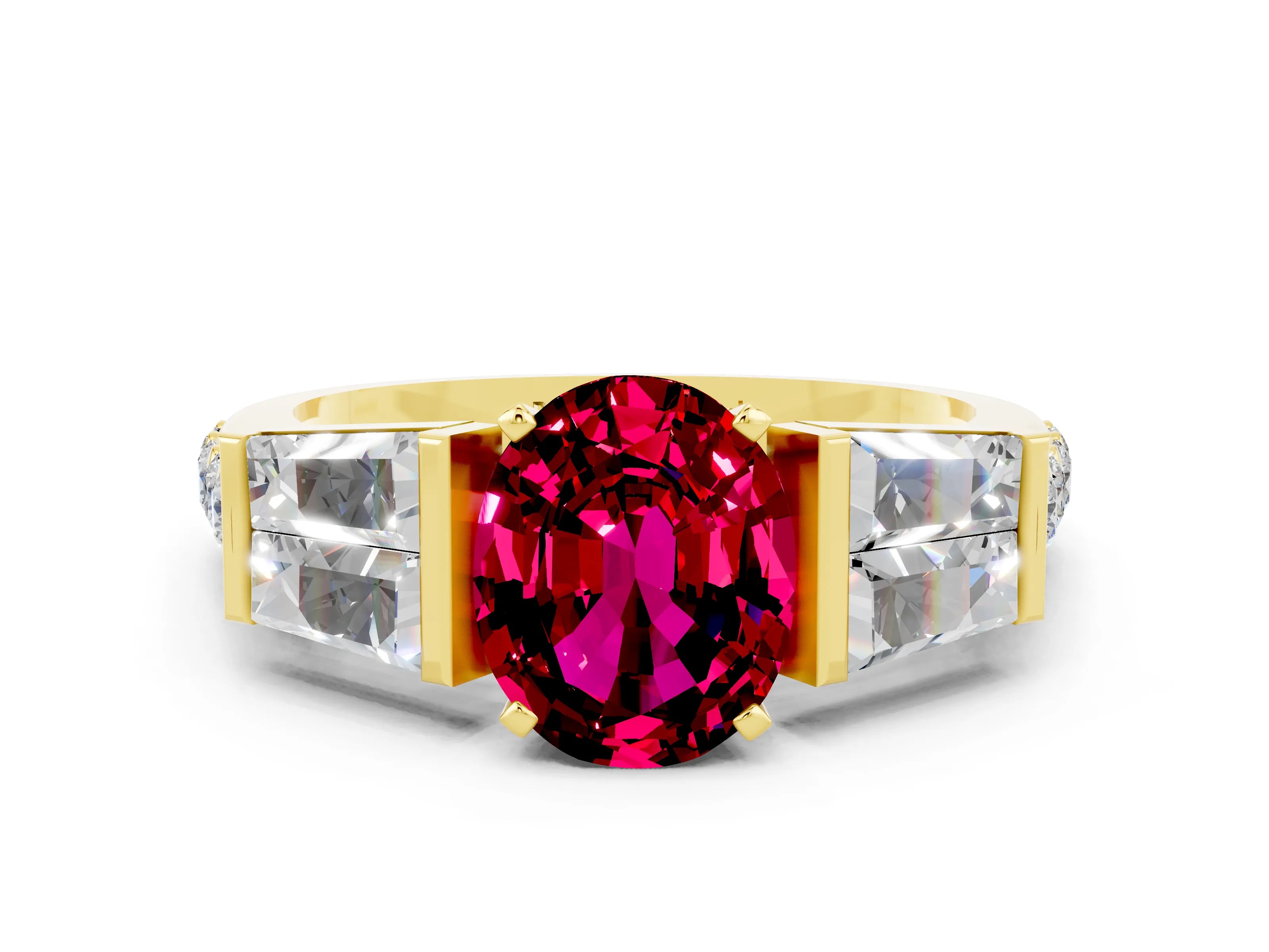 Yellow gold Oval Cut Garnet Engagement Ring with Baguette Side Stones and Channel Set Band