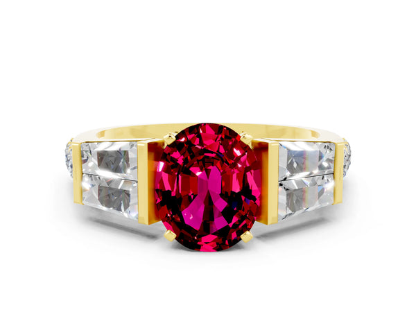 Yellow gold Oval Cut Garnet Engagement Ring with Baguette Side Stones and Channel Set Band