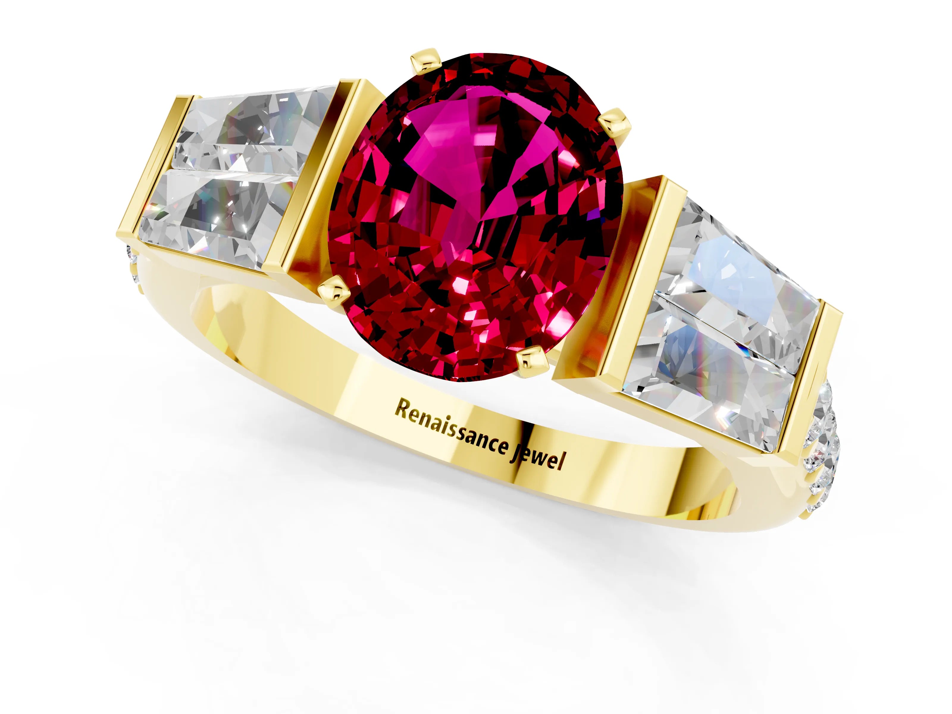 Yellow gold Oval Cut Garnet Engagement Ring with Baguette Side Stones and Channel Set Band_1