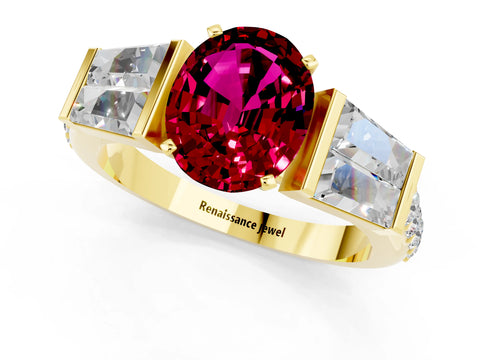 Yellow gold Oval Cut Garnet Engagement Ring with Baguette Side Stones and Channel Set Band_1