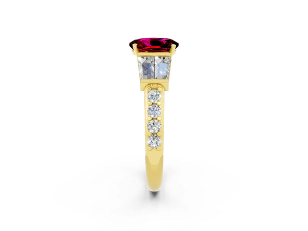 Yellow gold Oval Cut Garnet Engagement Ring with Baguette Side Stones and Channel Set Band