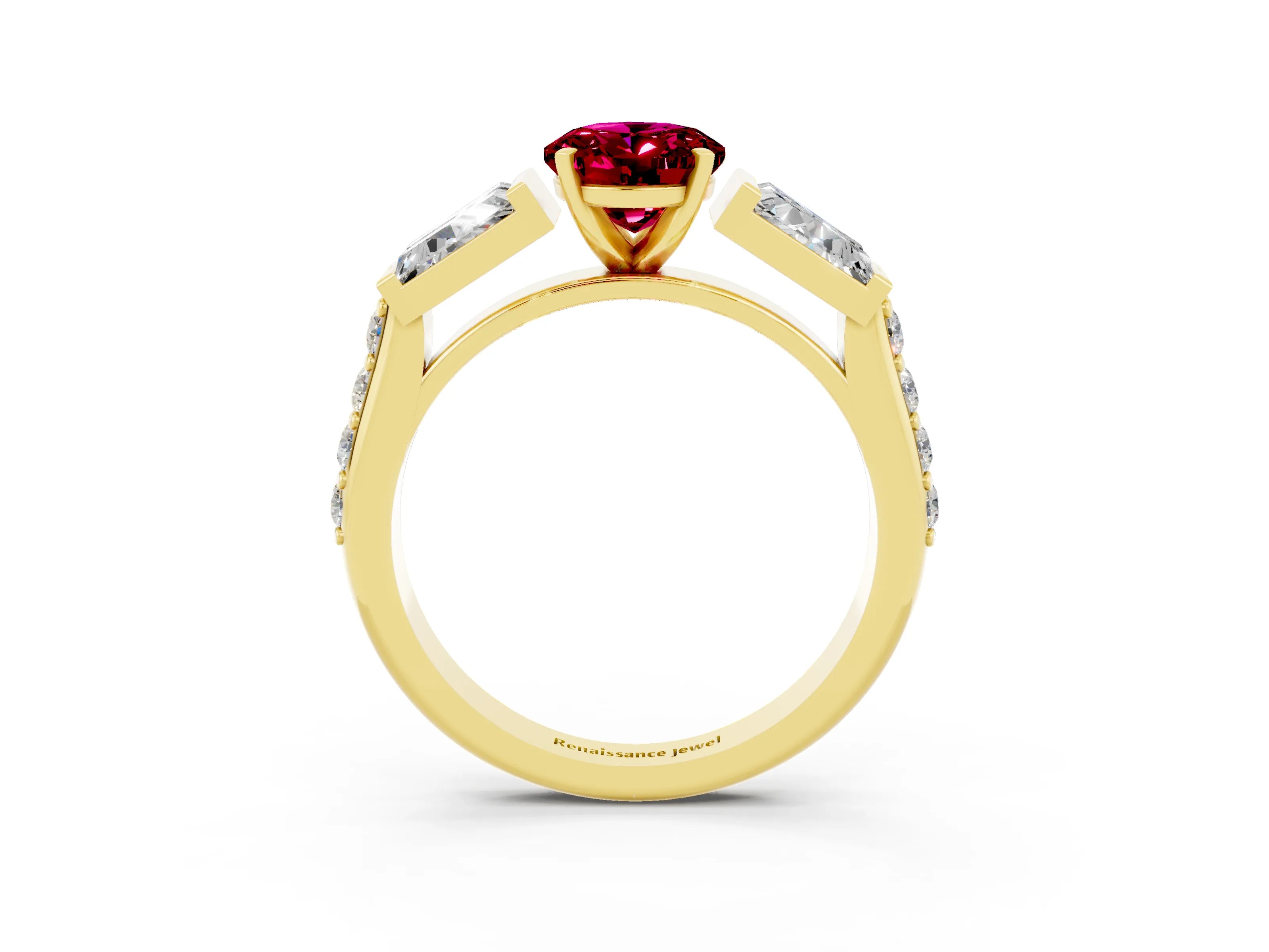 Yellow gold Oval Cut Garnet Engagement Ring with Baguette Side Stones and Channel Set Band_3