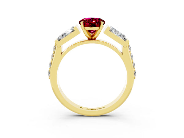 Yellow gold Oval Cut Garnet Engagement Ring with Baguette Side Stones and Channel Set Band