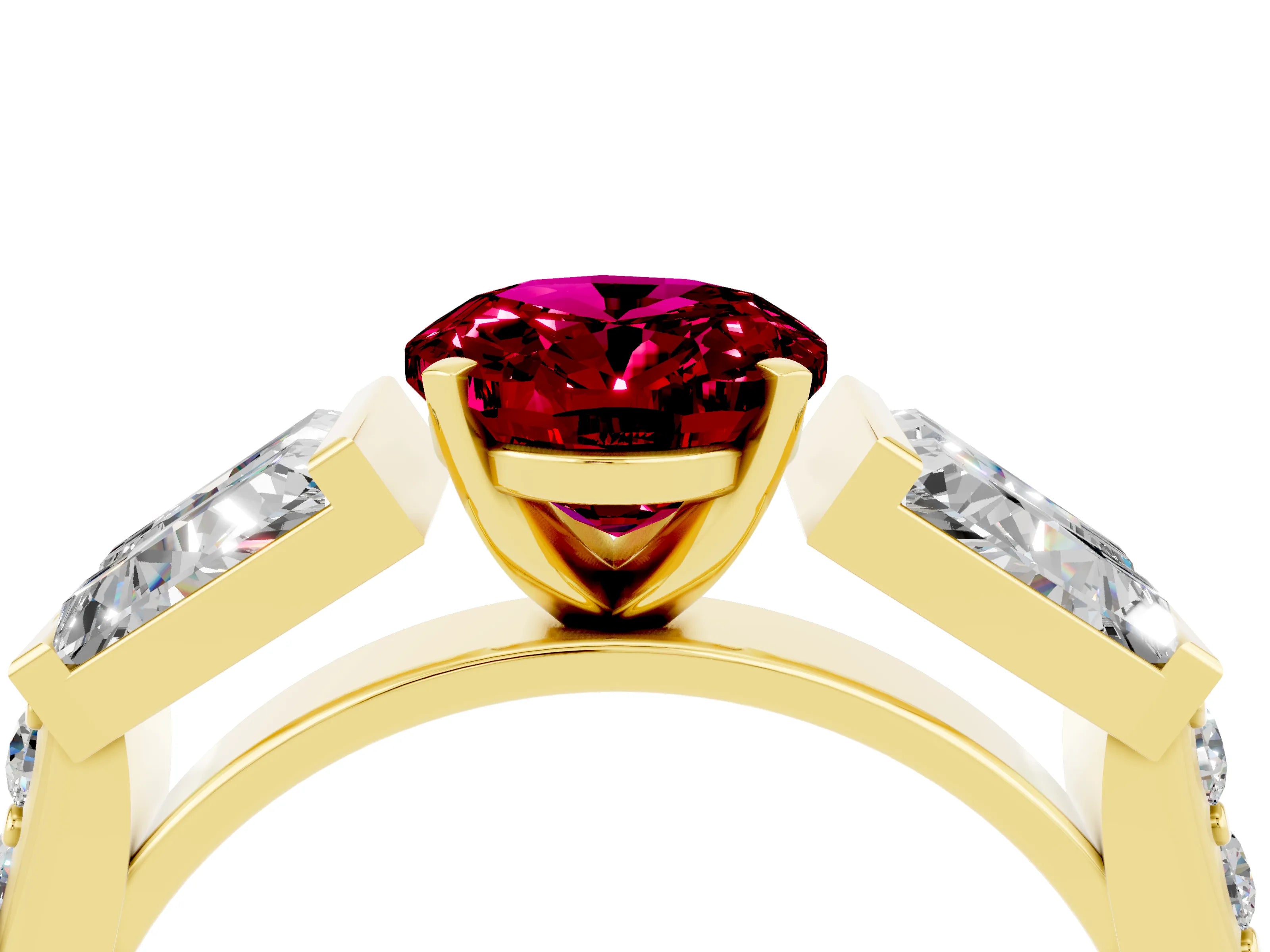 Yellow gold Oval Cut Garnet Engagement Ring with Baguette Side Stones and Channel Set Band_4