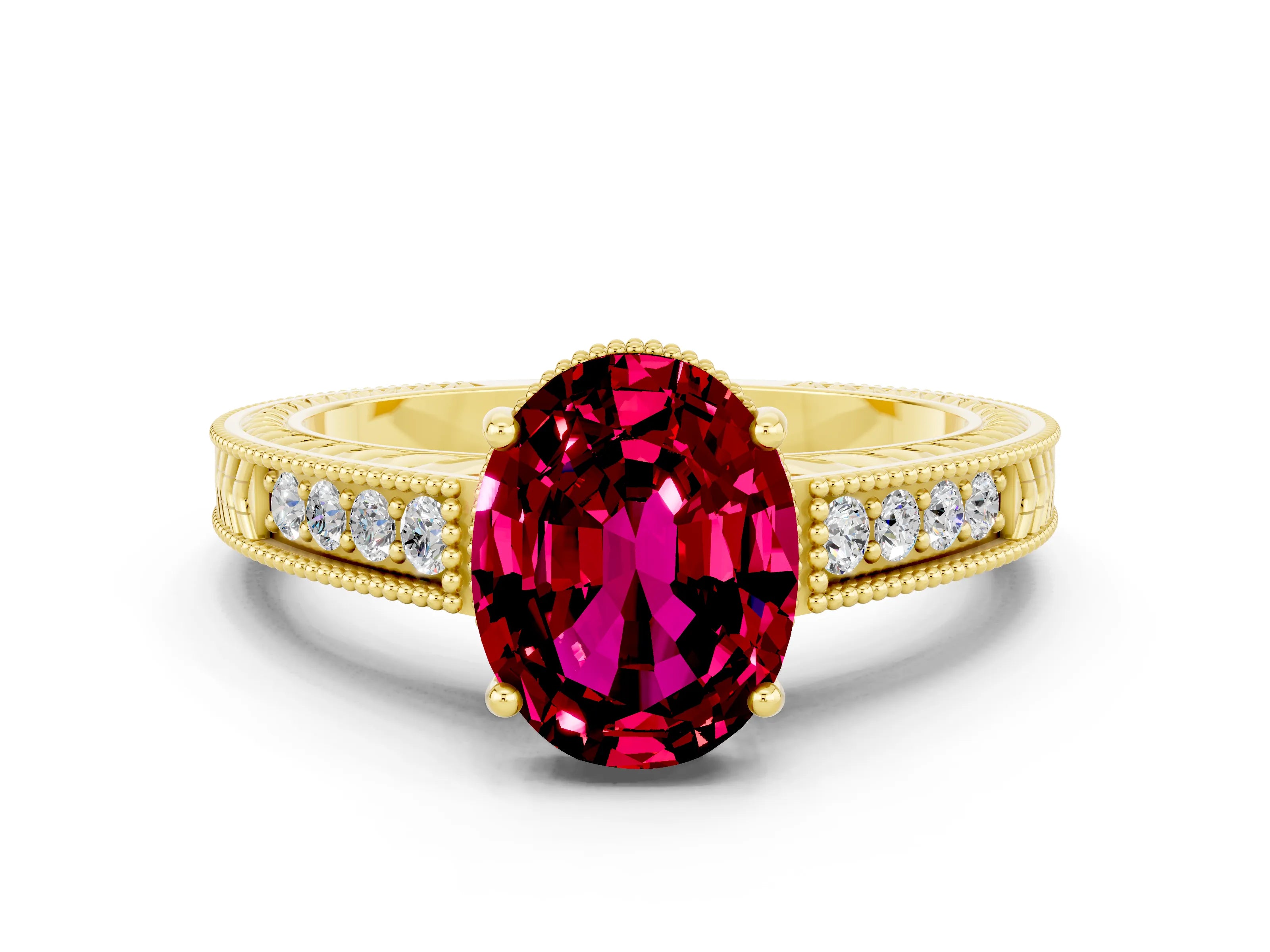 Yellow gold Oval Cut Garnet Engagement Ring with Milgrain Channel Set Band and Prong Setting