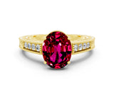 Yellow gold Oval Cut Garnet Engagement Ring with Milgrain Channel Set Band and Prong Setting