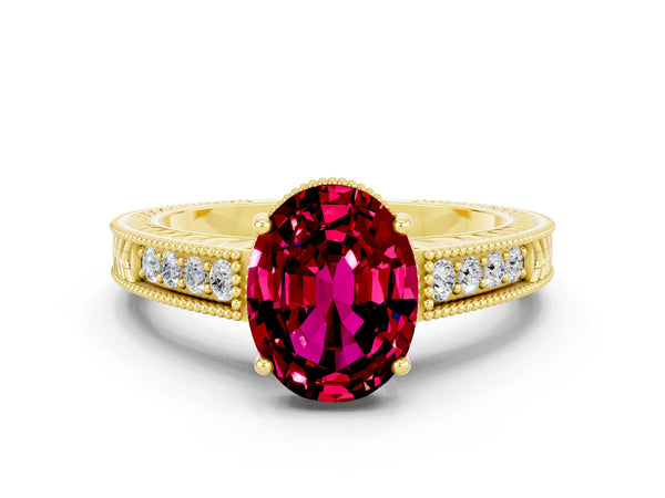 Yellow gold Oval Cut Garnet Engagement Ring with Milgrain Channel Set Band and Prong Setting